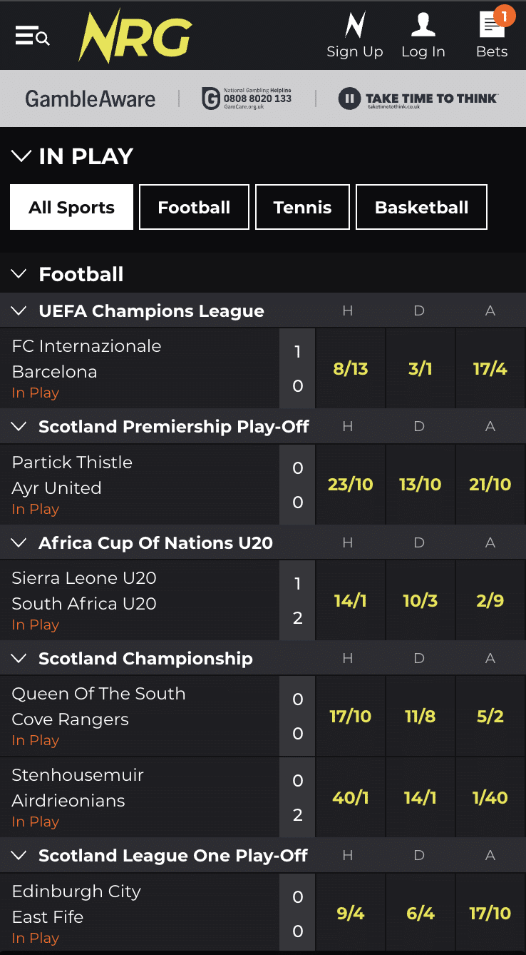 In-play betting at NRG Bet